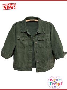 Womens Cropped Denim Jacket 3/4 Sleeve Button Trucker Coat